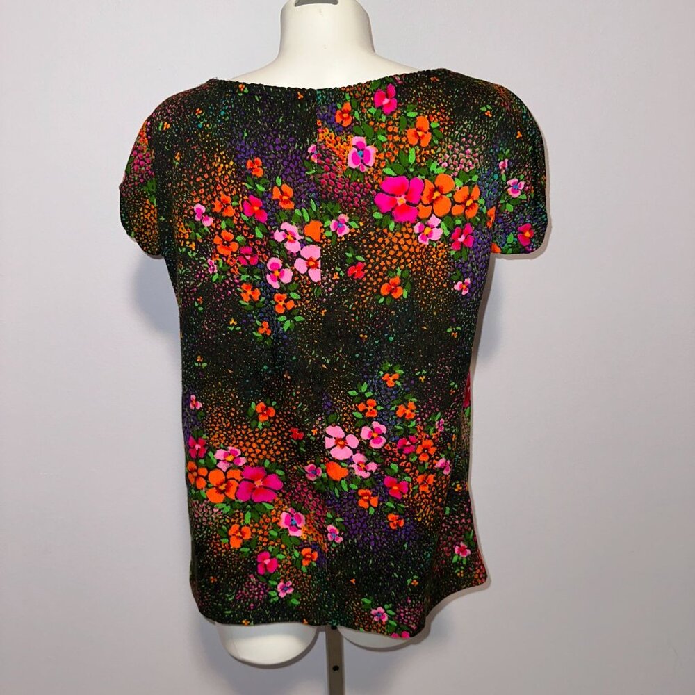 Vintage 70s Hawaiian Barkcloth Bright Floral Drawstring Neck Top Blouse Large L - Picture 4 of 5